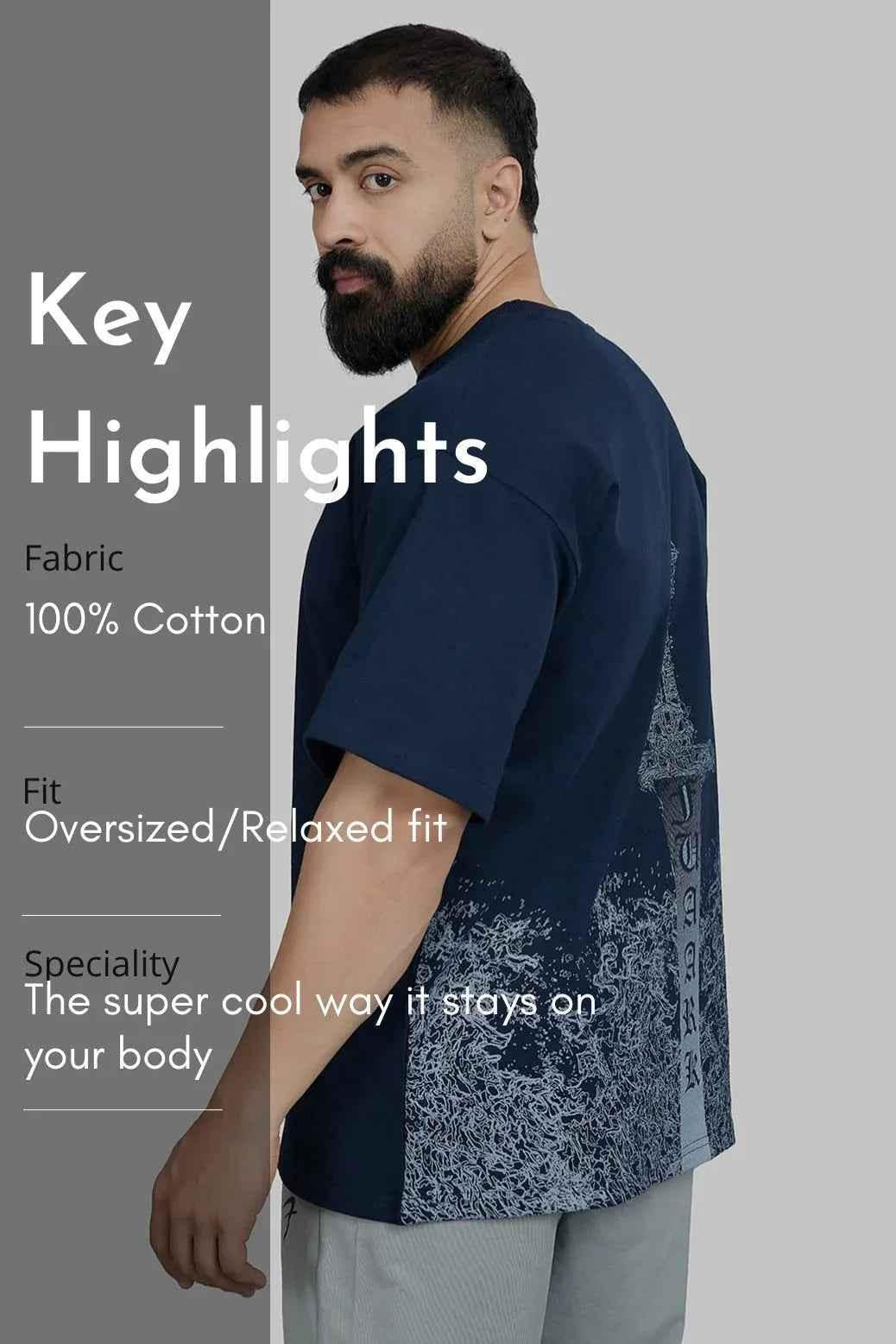Navy oversized T-shirt by Fuaark Nz with sword graphic, casual fit, soft fabric, perfect for streetwear and everyday style.