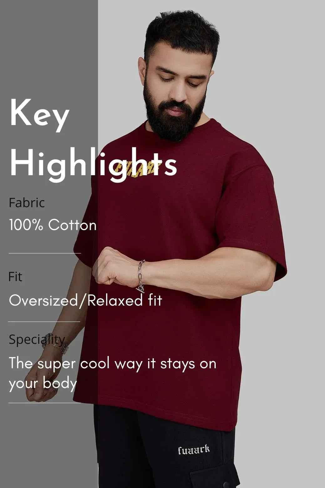 Maroon oversized T-shirt by Fuaark Nz featuring a trendy, relaxed fit and casual style, perfect for modern streetwear looks.