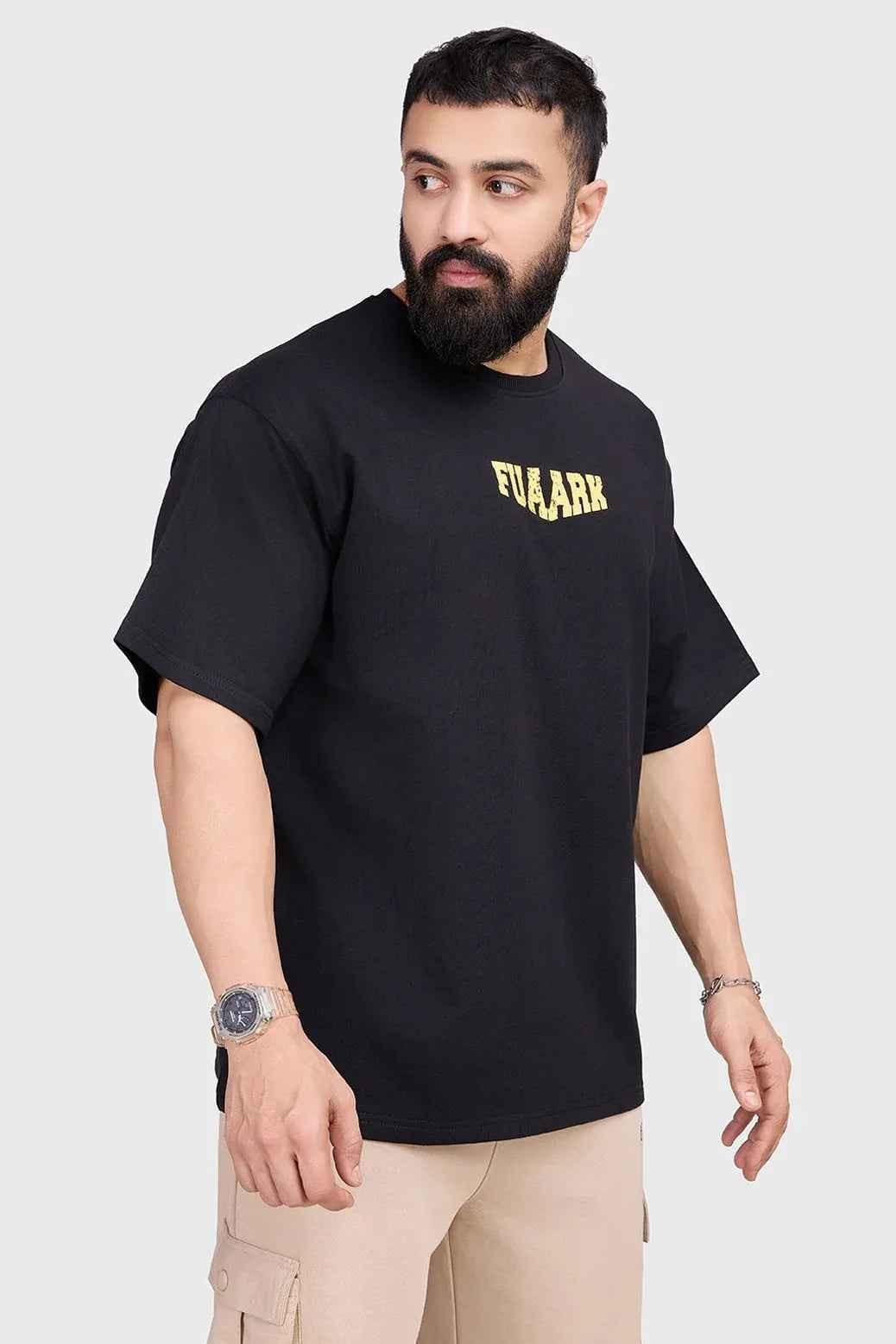 Black Trendsetter oversized T-shirt by Fuaark Nz, casual fit with soft fabric, shown on a plain background.
