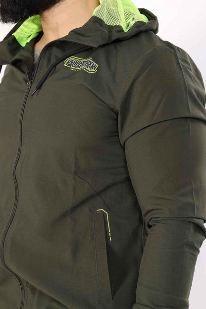 Olive Fuaark Nz Velocity Jacket windbreaker with lightweight, durable fabric and a sleek design for outdoor activities.