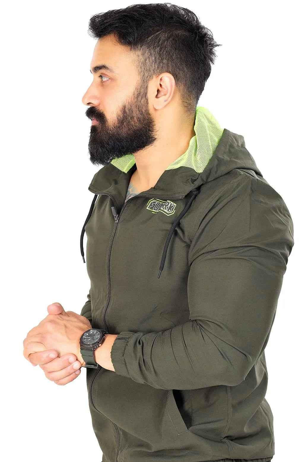 Olive Velocity Windbreaker jacket by Fuaark Nz, lightweight outdoor jacket with hood and adjustable cuffs, suitable for active wear.