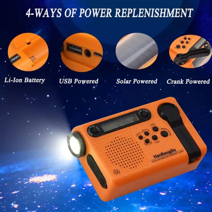 Full Band AM/FM/SW1/SW2 Radio, Torch, Solar Panel & Hand Crank - Power Bank Habicare