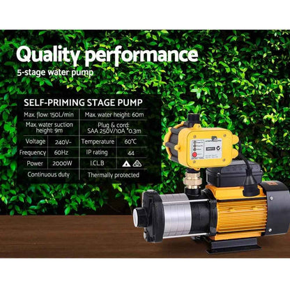 Giantz Garden Water Pump High Pressure 2000W 5-Stage Tank Irrigation Yellow