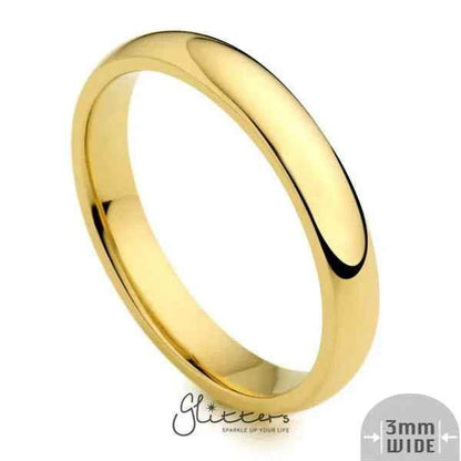 Glitters stainless steel ring with 18K gold ion plating, 3mm wide, glossy mirror finish, plain band design.