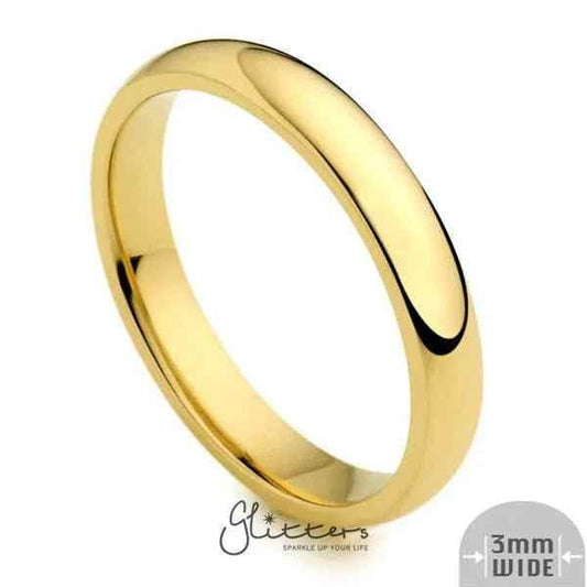 Glitters stainless steel ring with 18K gold ion plating, 3mm wide, glossy mirror finish, plain band design.