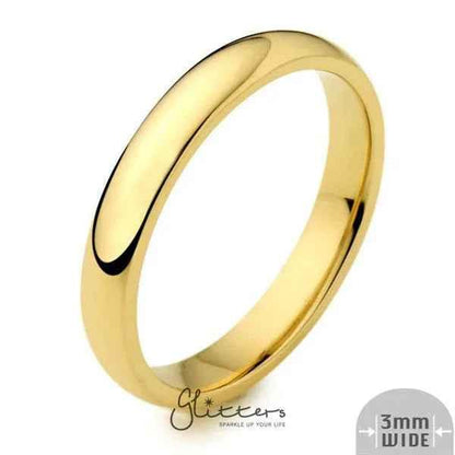 Glossy 18K gold ion-plated stainless steel band ring, 3mm wide, mirror polished, plain design from Glitters.