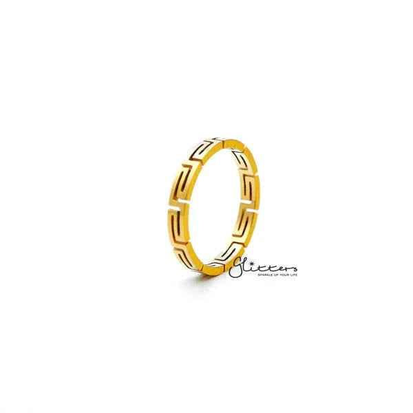 18K gold-plated stainless steel Greek key ring by Glitters, showcasing intricate Greek key design on a sleek band.