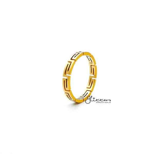 18K gold-plated stainless steel Greek key ring by Glitters, showcasing intricate Greek key design on a sleek band.