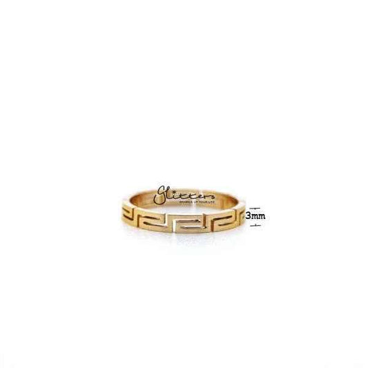 Glitters 18K gold-plated stainless steel Greek key ring showing intricate design and shiny finish.