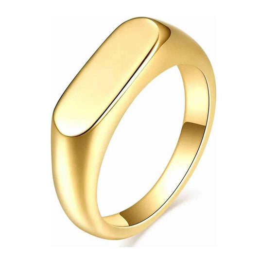 Gold stainless steel rectangle signet ring by Glitters, showcasing a sleek, polished design with a bold rectangular face.