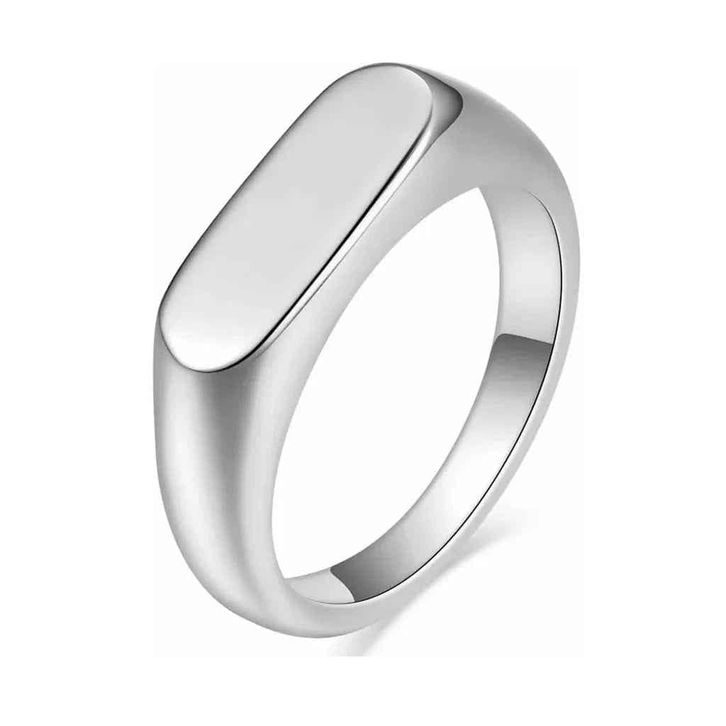 Silver stainless steel rectangle signet ring by Glitters, close-up of sleek, polished band with rectangular face design.