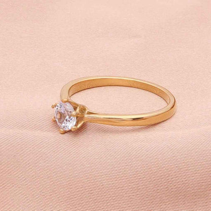 Gold stainless steel wedding engagement ring with five cubic zirconia stones, designed by Glitters.