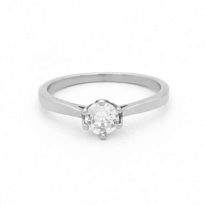 Silver stainless steel wedding engagement ring with cubic zirconia stones, featuring a sleek and elegant design by Glitters.