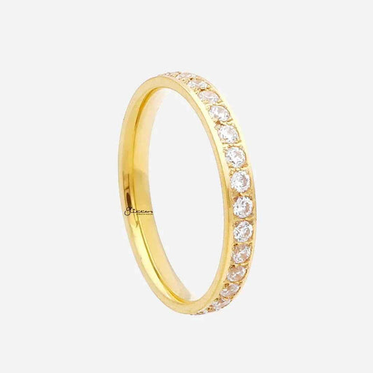 Gold CZ fully inlay stainless steel band ring by Glitters, featuring sparkling cubic zirconia and sleek metallic design.