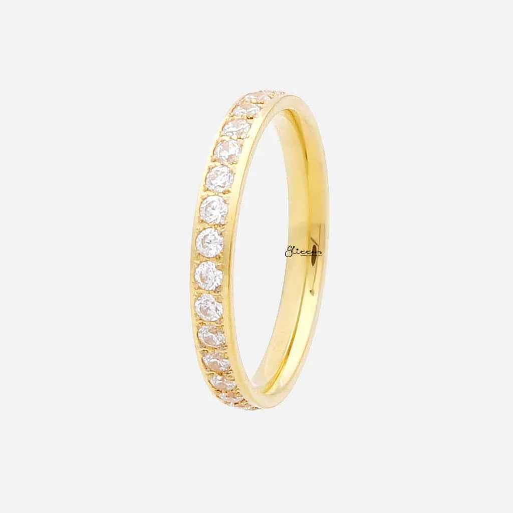 Gold CZ fully inlay stainless steel band ring by Glitters, featuring sparkling cubic zirconia stones and sleek modern design.