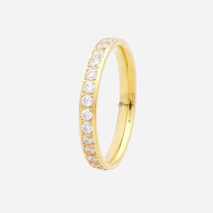 Gold CZ fully inlay stainless steel band ring by Glitters, featuring sparkling cubic zirconia stones and sleek modern design.