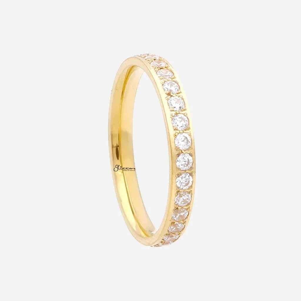 Gold CZ fully inlay stainless steel band ring by Glitters, featuring a sleek design and sparkling cubic zirconia stones.