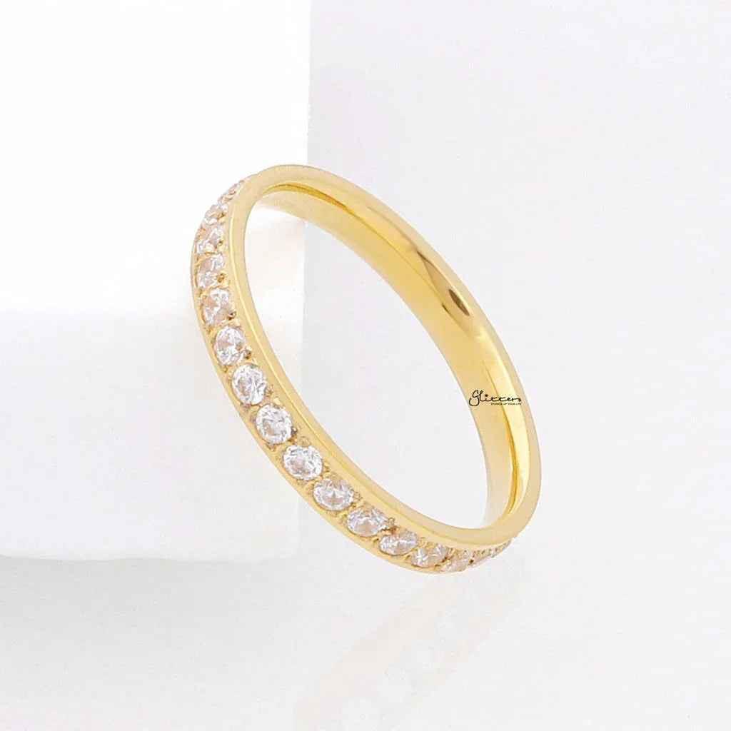 Gold CZ fully inlay stainless steel band ring by Glitters, showcasing a sleek design with sparkling CZ stones.