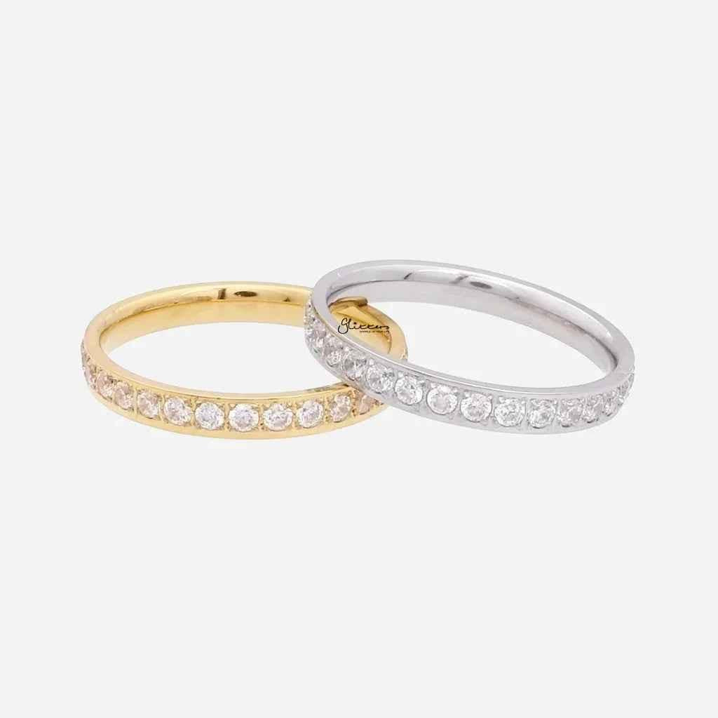 Gold CZ fully inlay stainless steel band ring by Glitters, showcasing a sleek design with sparkling CZ stones on the ring.