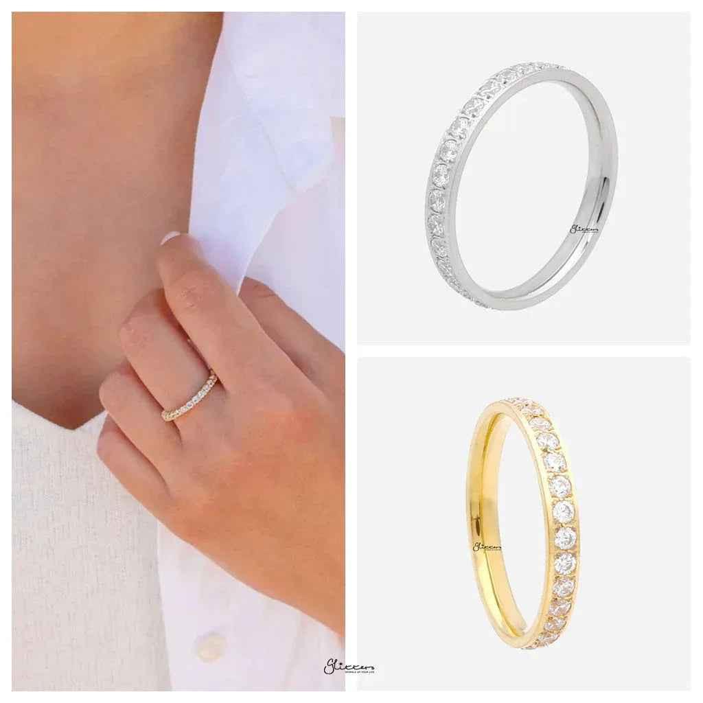 Gold CZ fully inlay stainless steel band ring by Glitters, featuring a sleek design and sparkling cubic zirconia stones.