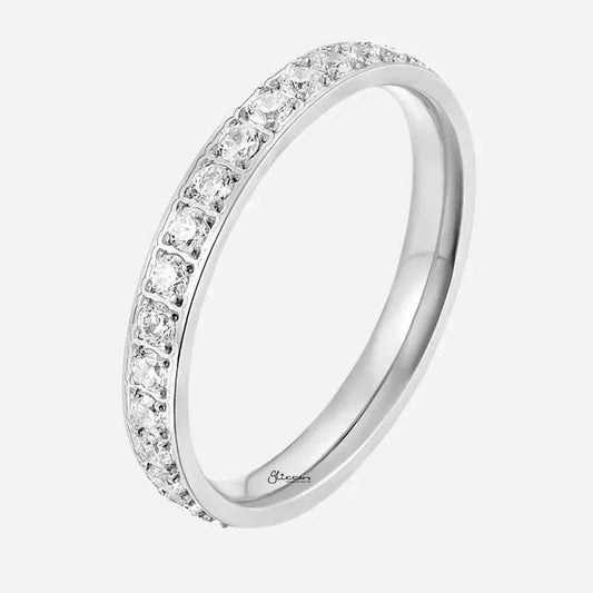 Silver CZ fully inlay stainless steel band ring by Glitters, featuring a sleek design and sparkling CZ stones.