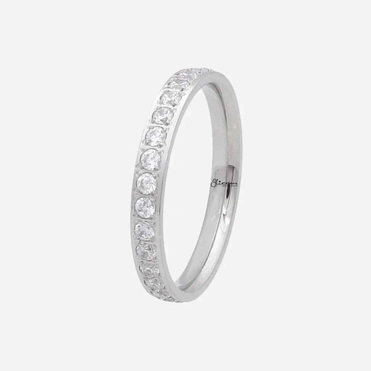 Silver CZ fully inlay stainless steel band ring by Glitters, showcasing a sleek design with sparkling cubic zirconia accents.