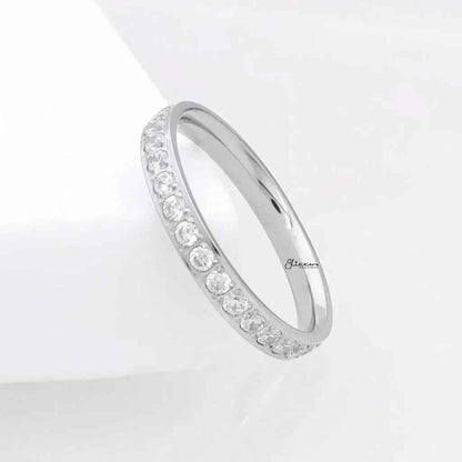 Silver Glitters CZ Fully Inlay Stainless Steel Band Ring showing a sleek design with sparkling CZ stones.