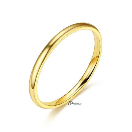 Gold plated stainless steel ring with a glossy mirror finish, 2mm wide plain band from Glitters, perfect for everyday wear.