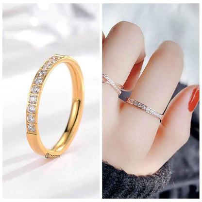 Gold stainless steel band ring with 10 cubic zirconia inlays, stylish and elegant jewelry by Glitters.