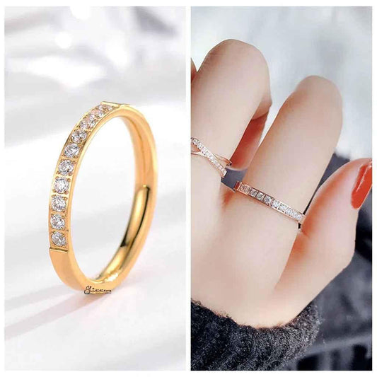 Gold stainless steel band ring with 10 cubic zirconia inlays, stylish and elegant jewelry by Glitters.
