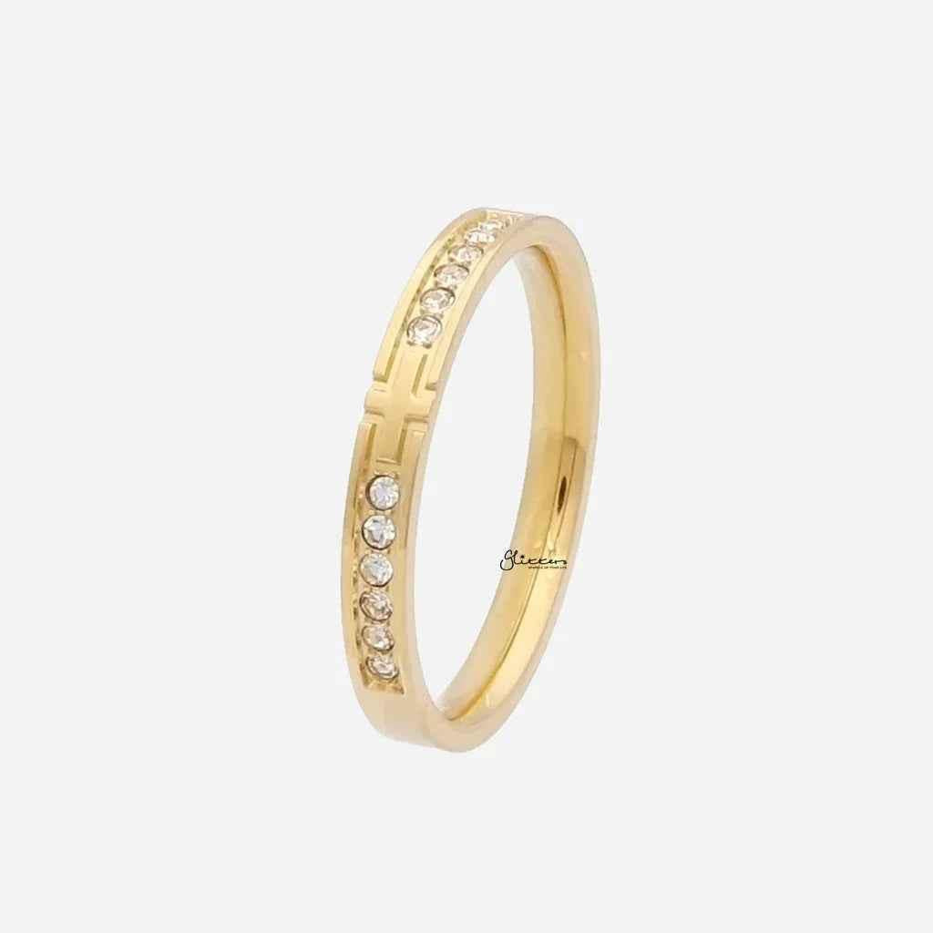 Gold stainless steel cross ring with sparkling cubic zirconia stones from Glitters, stylish jewelry for everyday wear.