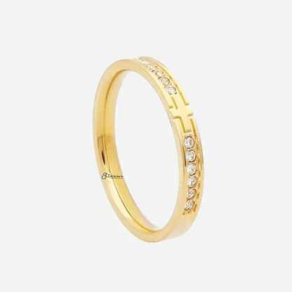 Gold stainless steel cross ring with cubic zirconia accents from Glitters, featuring a sleek and stylish design.