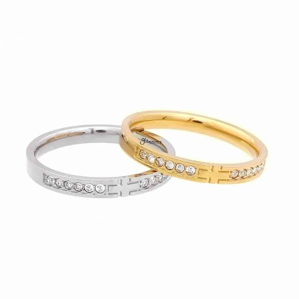 Gold stainless steel cross ring with cubic zirconia accents, stylish jewelry by Glitters.