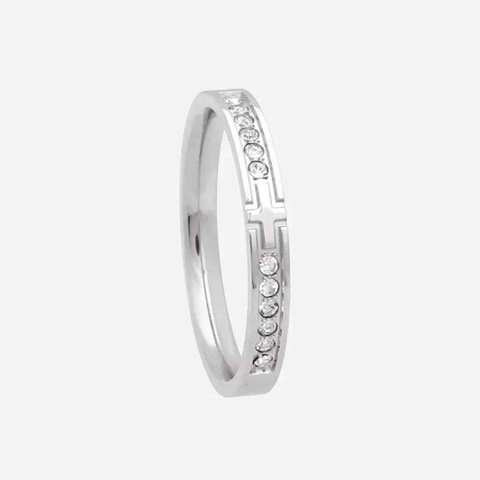 Silver stainless steel cross ring with sparkling cubic zirconia stones from Glitters, stylish jewelry accessory.