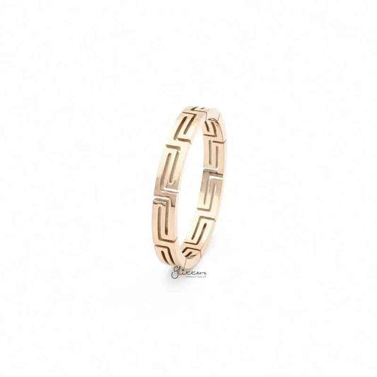 Rose gold stainless steel Greek key ring from Glitters, featuring a sleek, modern design with intricate geometric pattern.