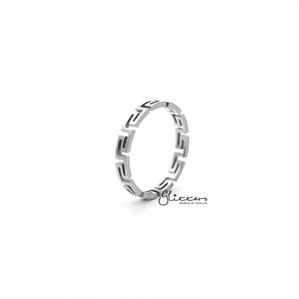 Stainless steel Greek key women's ring by Glitters, featuring a sleek design and intricate pattern on smooth metal surface.