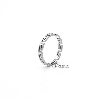 Stainless steel Greek key women's ring by Glitters, featuring a sleek design and intricate pattern on smooth metal surface.
