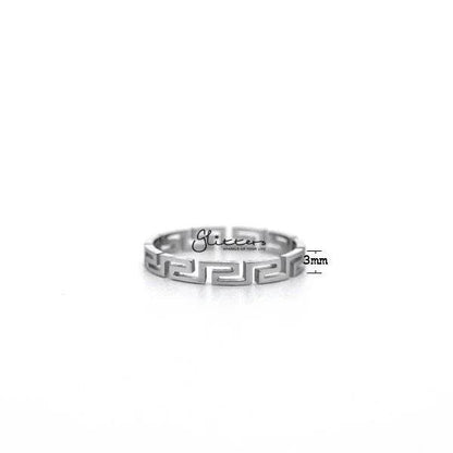 Stainless steel Greek key women's ring by Glitters featuring a sleek, polished band with intricate Greek key design.