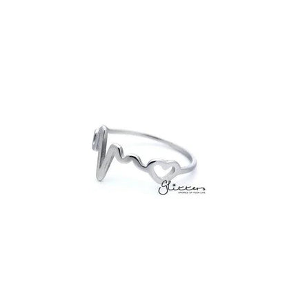 Stainless steel heartbeat and heart women's rings by Glitters, featuring detailed heartbeat and heart designs on sleek band jewelry.