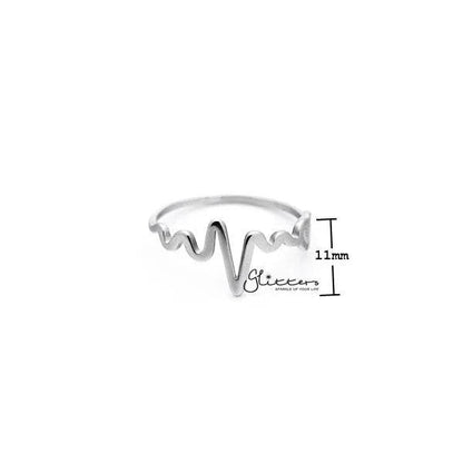 Stainless steel heartbeat and heart women's rings by Glitters, featuring sleek designs and polished finishes.