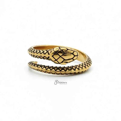 Gold stainless steel snake ring by Glitters, featuring a sleek, polished design with a detailed snake motif.