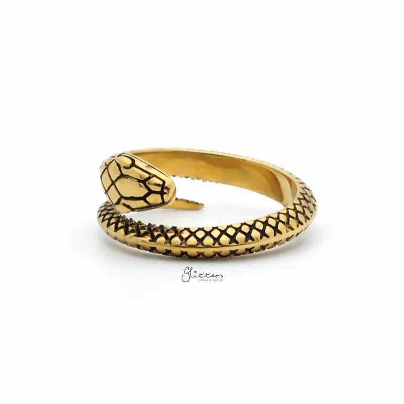 Gold stainless steel snake ring by Glitters featuring a sleek, polished design with a detailed snake motif.
