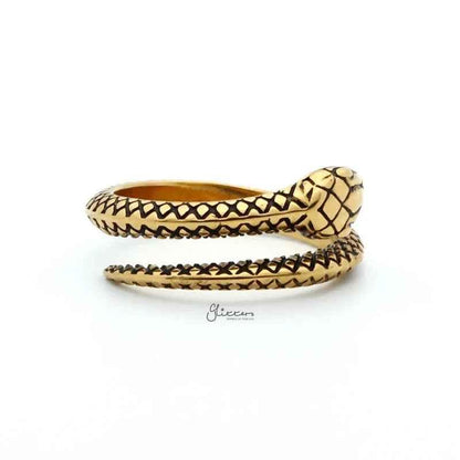 Gold stainless steel snake ring by Glitters, featuring a detailed coiled snake design on a shiny band.