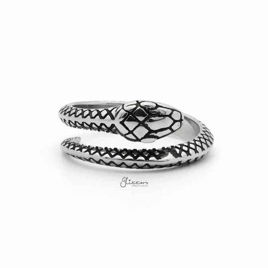Silver stainless steel snake ring by Glitters featuring a sleek, coiled snake design, perfect for bold jewelry styles.