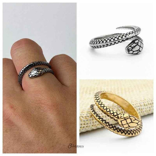 Silver stainless steel snake ring by Glitters featuring a sleek, detailed snake design on a polished band.