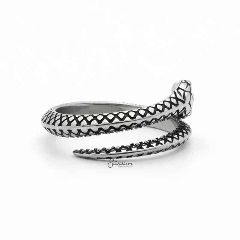 Silver stainless steel snake ring by Glitters featuring a sleek, detailed snake design, perfect for stylish jewelry collection.