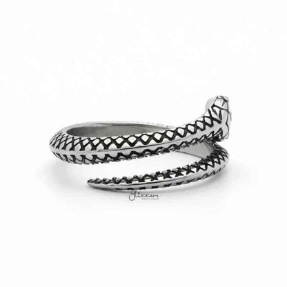 Silver stainless steel snake ring by Glitters featuring a sleek, detailed snake design, perfect for stylish jewelry collection.