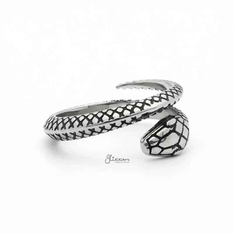 Silver stainless steel snake ring by Glitters, featuring a detailed snake design, perfect for stylish jewelry collection.