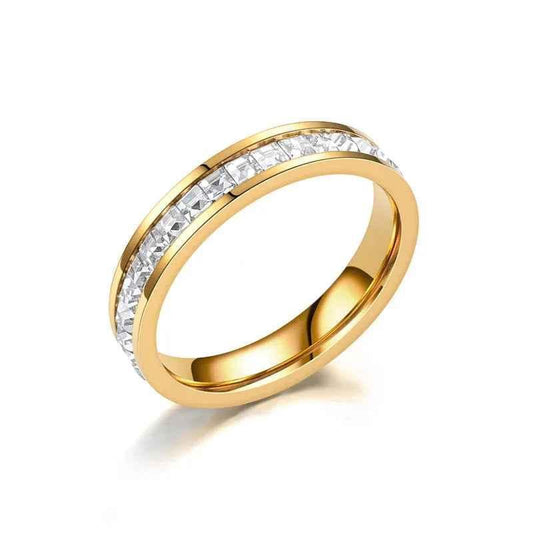 Gold stainless steel square CZ paved band ring by Glitters, featuring a sleek modern design with sparkling cubic zirconia accents.