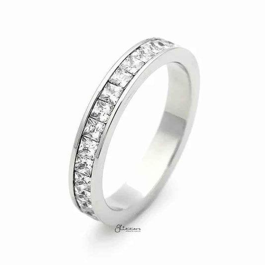 Silver stainless steel square CZ paved band ring by Glitters, showcasing a sleek, modern design with sparkling cubic zirconia accents.